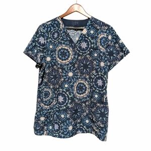 Womens L Navy Blue Stretch Scrub Top Tie Dye Fireworks Sanibel